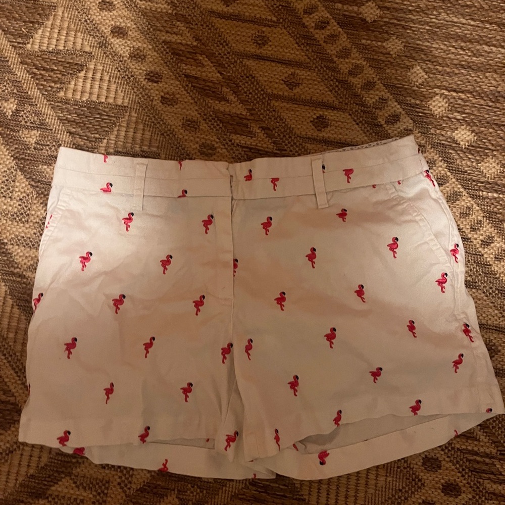 British Khaki White Shorts with Pink Flamingo Motif